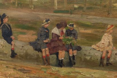 null École française ou belge, vers 1920.
Enfants assis sur un tronc, près d'une...