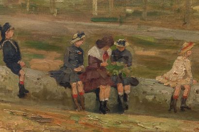 null French or Belgian school, circa 1920.
Children sitting on a trunk, near a forest.
Oil...