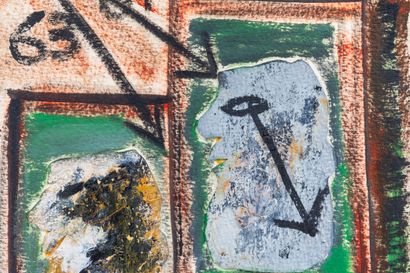 null James COIGNARD (1925-2008).
Composition with two faces and arrows.
Mixed media...
