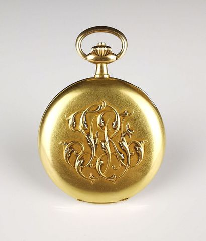null GUSTAVE SANDOZ.
Yellow gold pocket watch with water leaves scrolling.
Double...