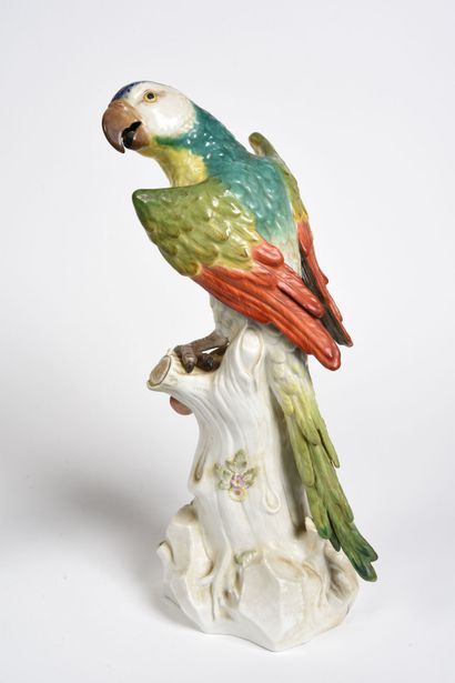 null MEISSEN. 
Pair of large polychrome porcelain parrots, perched on stumps.
Marks...