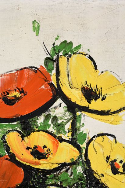 null Bernard BUFFET (1928-1999). 
Orange and yellow poppies, 1964.
Oil on canvas,...