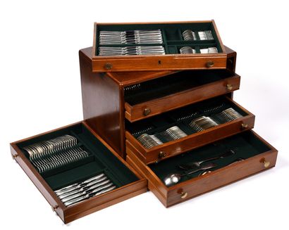 null Beautiful oak menagère case with five drawers, containing a menagère of silver-plated...