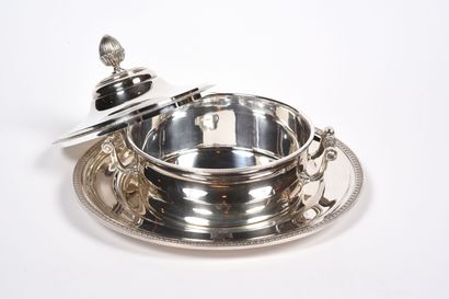 null Silver-plated covered vegetable dish and stand, decorated with friezes of water...