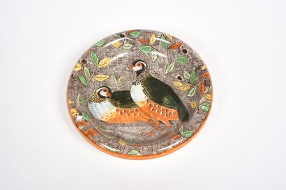 null Jean BERTHOLLE (1909-1996) for GIEN. 
Polychrome earthenware bowl with partridge...
