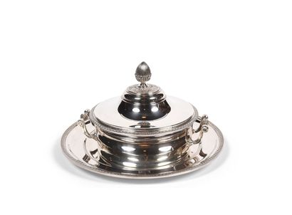 null Silver-plated covered vegetable dish and stand, decorated with friezes of water...