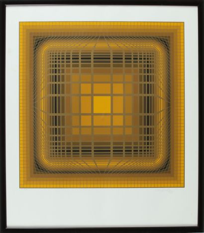 Victor VASARELY (1906-1997).
Composition en jaune.
Lithographie, justifiée 46/65... Gazette Drouot