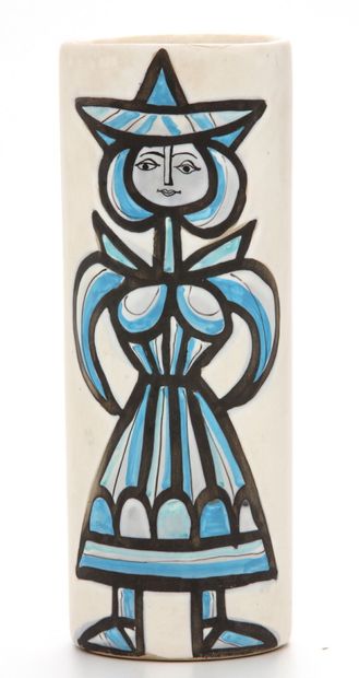  Roger CAPRON (1922-2006).
Vase de forme cylindrique en céramique à décor polychrome... Gazette Drouot