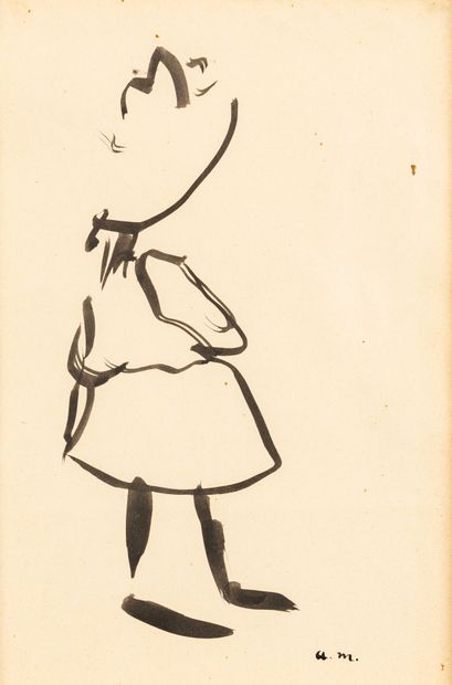  Albert MARQUET (1875-1947).
La fillette au chapeau.
Dessin à l'encre de Chine, monogrammé... Gazette Drouot
