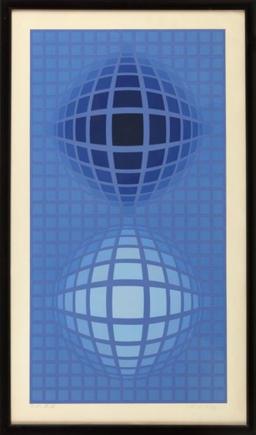  Victor VASARELY (1906-1997).
Composition géométrique en bleu.
Lithographie, épreuve... Gazette Drouot