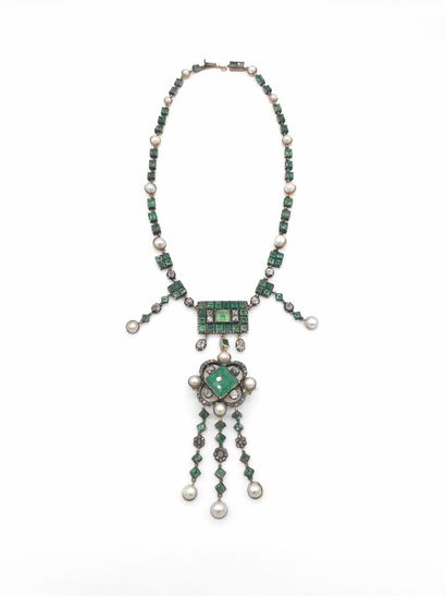  19th century drapery necklace, in pink gold with emeralds and pearls in closed setting,...