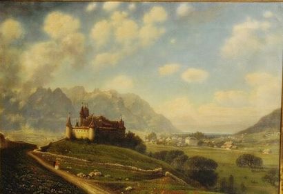 Vue du château d'Aigle, oil on canvas, illegibly...