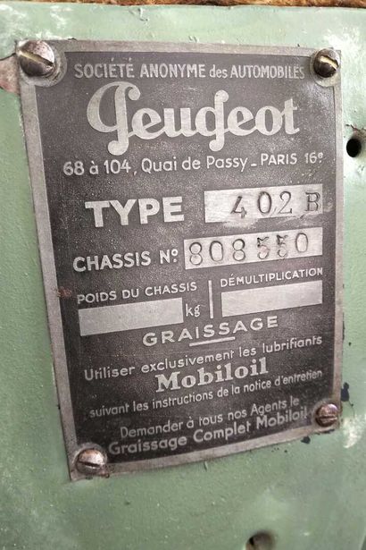 null PEUGEOT 402 B 1939

Carte grise suisse
Numéro de châssis 808 550
Cylindrée 2142...