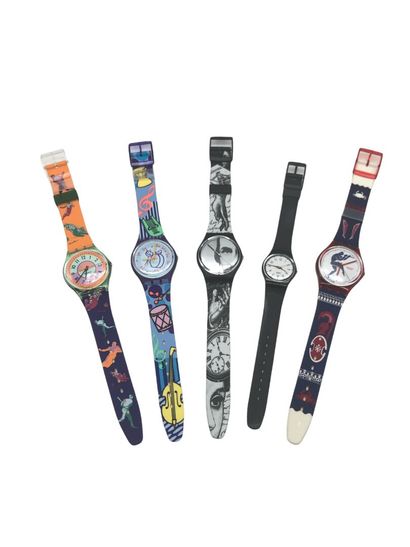null SWATCH, Set of 5 colored watches including Curling, Tuba, Glance, Classic Fur...