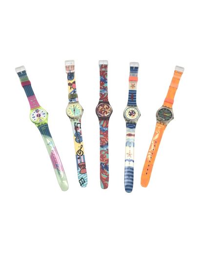 null SWATCH, Lot of 5 watches including Piccolo, Fleur de Lyss, Red Cloud, Rising...