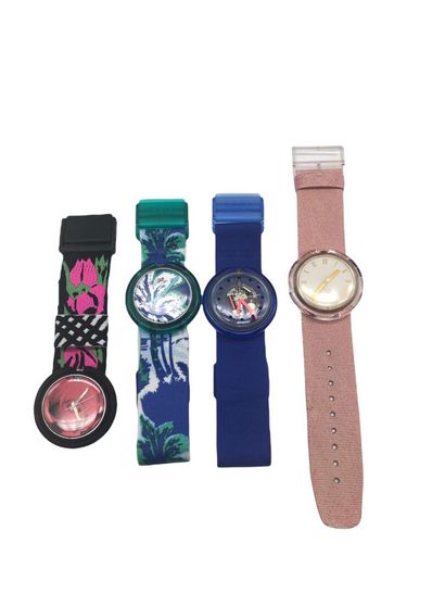 null SWATCH, Set of 4 POP watches including La Boite and Downhill, elasticated fabric...