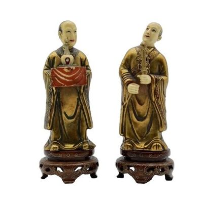 null CHINA - 20th century
Two gold lacquered ivory statuettes, Luohan standing, one...