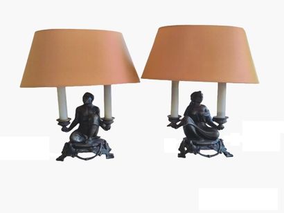 Faux pair of lamps in regula with brown patina,...
