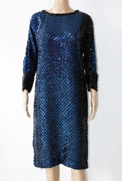 null Set of two dresses, one embroidered with blue and black sequins and the second...