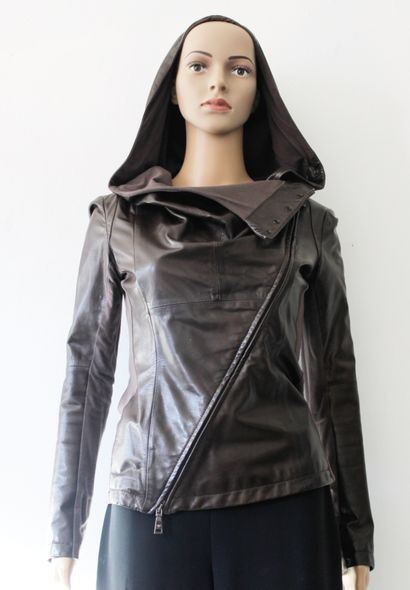 null EMPORIO ARMANI, Perfecto in dark brown lambskin leather and fabric, asymmetrical...