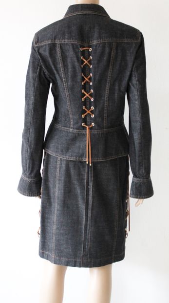 null ESCADA, Short skirt and short jacket suit in dark grey denim, knotted detail...