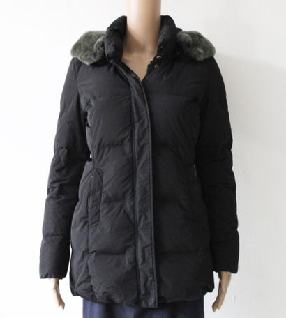 null WOOLRICH, Black hooded down jacket, down and feather trim, removable hood, removable...