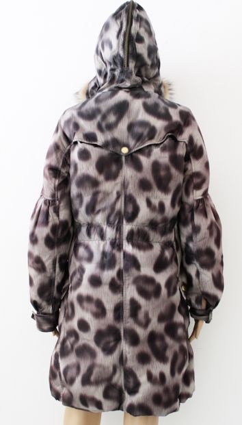 null DIOR, Long down jacket, purple stylized leopard print on gray background, goose...