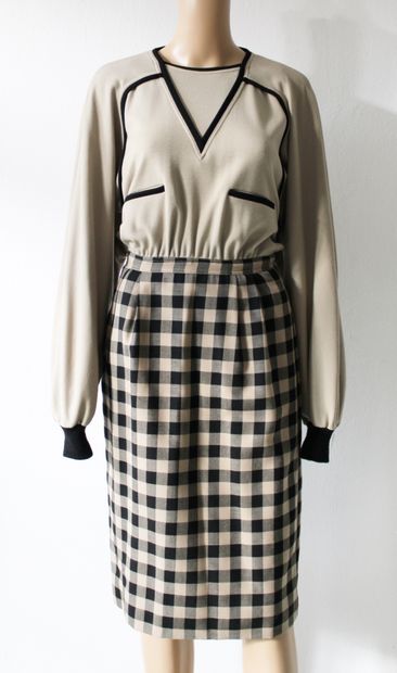null VALENTINO, Checked wool maxi dress in beige and black. Attached is a TED LAPIDUS...