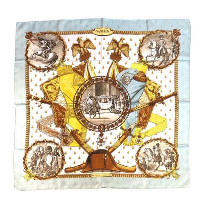 null HERMES, "Napoléon" silk square decorated with medallions in grisaille on a white...