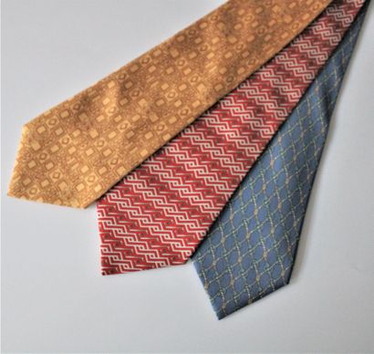 null HERMES, Three silk ties with geometric designs, yellow, red and blue