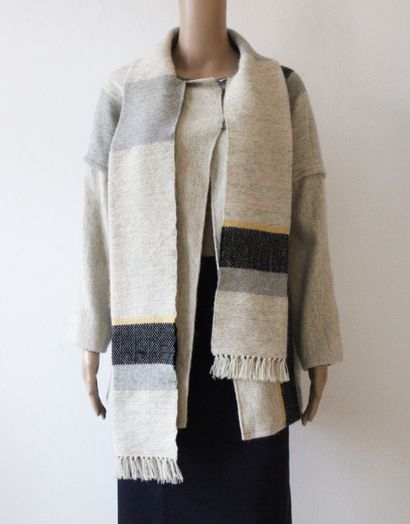 null MAGUY DUROUVENZ, Coat with scarf collar, in virgin wool, large stripe pattern,...
