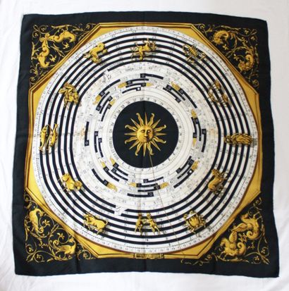null HERMES, "Dies et Hore" silk twill square on black, white and gold background,...