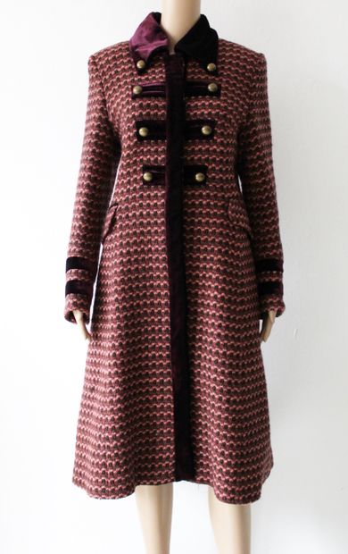 null KAREN MILLEN, Long wool coat, burgundy houndstooth and velvet trimmings, invisible...