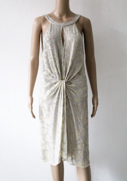 null Cocktail dress in beige silk chiffon adorned with silver sequins, sleeveless,...
