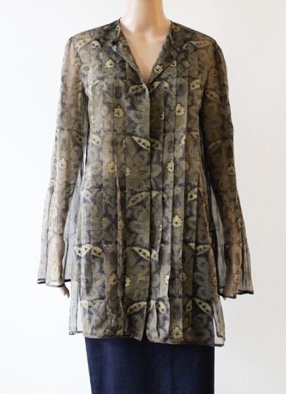 null Emanuel UNGARO Parallèle, khaki silk foliage print tunic, flared sleeves, invisible...