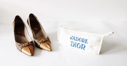 null Christian DIOR, Pair of small-heeled pumps, beige and brown monogrammed canvas,...