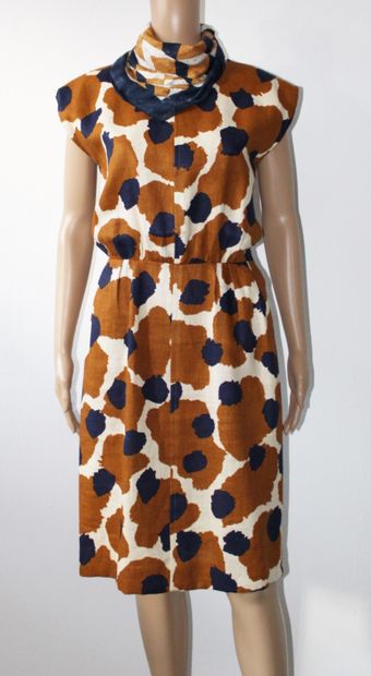 null SAINT LAURENT Rive Gauche, Brown, blue and white spotted sleeveless linen dress,...