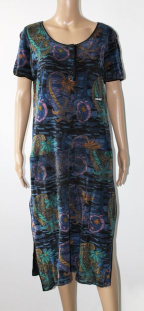 null CELINE, Velvet terry long dress with multicolored palm motifs on black background,...