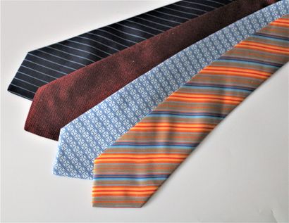 null HERMES, Four silk ties with different designs, in blue, red and orange tone...