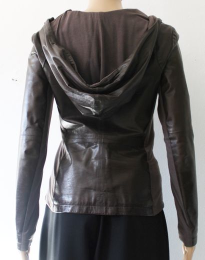 null EMPORIO ARMANI, Perfecto in dark brown lambskin leather and fabric, asymmetrical...
