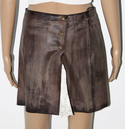 null MIU MIU, Short skirt in distressed brown leather with silk and lace, closes...