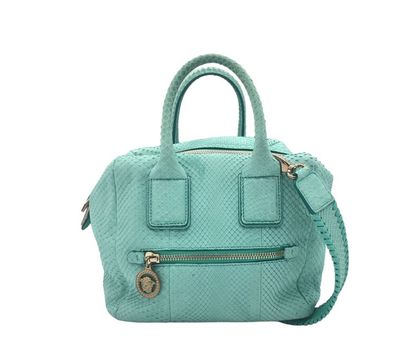 null VERSACE, Turquoise dyed snake bag, pink gold metal trim, two handles, shoulder...