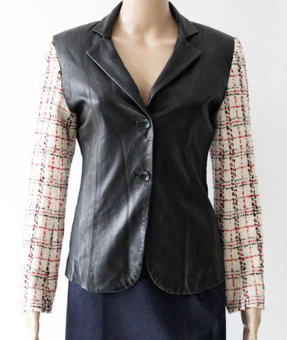 null BLUE DEEP, Short jacket in black leather and cream, red and black tweed sleeves,...