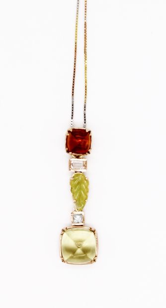 null *375 yellow gold pendant set with a line of citrine, tourmaline and two aquamarines...