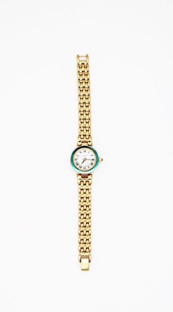 null BALMAIN, Ladies' watch, in gilt metal, white dial, turquoise blue bezel, articulated...