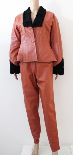 null Suit jacket and pants in salmon leather and wool, sleeves and collar trimmed...