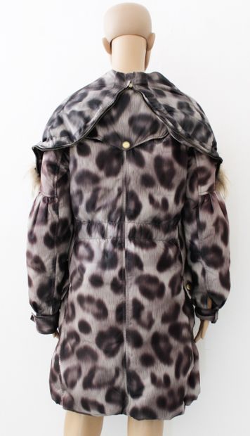 null DIOR, Long down jacket, purple stylized leopard print on gray background, goose...