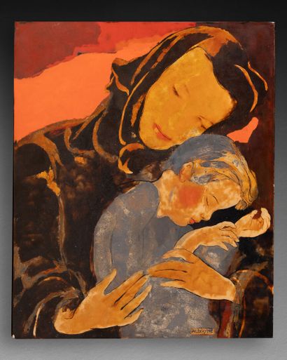 Alix AYMÉ (1894-1989) Mother and child 
Lacquer on wood panel 
H. 46.5 cm - L. 38... Gazette Drouot