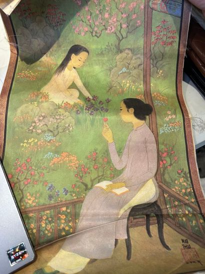 Trung Thu MAI (1906-1980), d'après Scène de jardin 
Tirage sur soie, contre-collé... Gazette Drouot