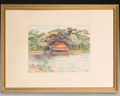 Van Tho TRAN (1917-2004) Paysage à la pagode 
Encre sur papier 
Signé en bas à droite... Gazette Drouot